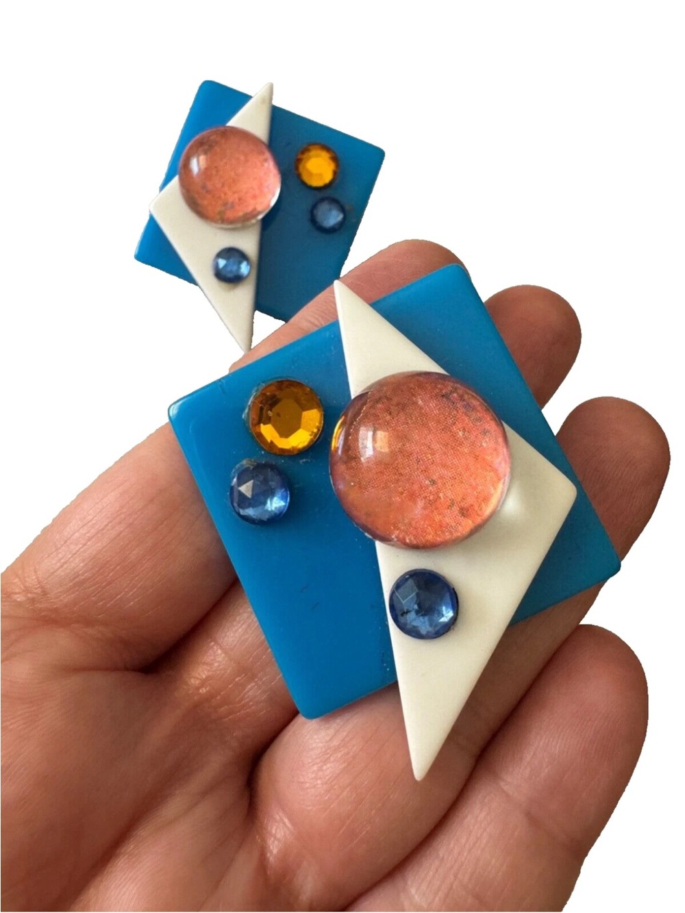 Oversized Vintage 1980s GEOMETRIC Plastic Lucite Rhinestone Clip Earrings 2 1/8"